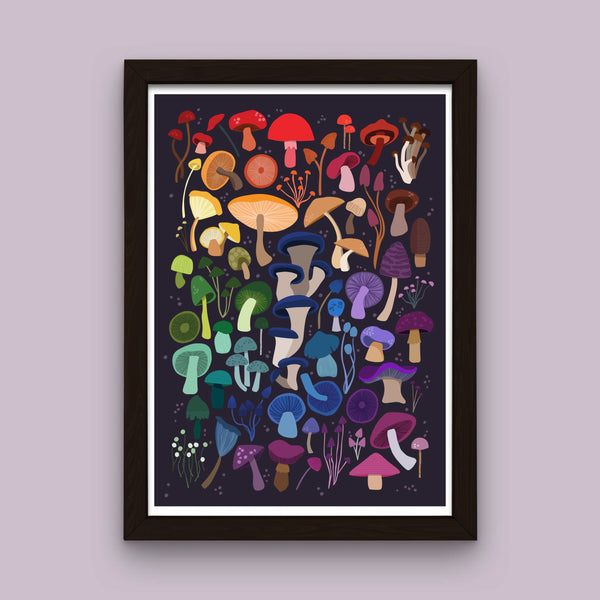 'Rainbow Mushrooms' Midnight Art Print