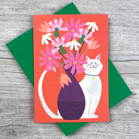 'Cat and Vase of Flowers' Greeting Card