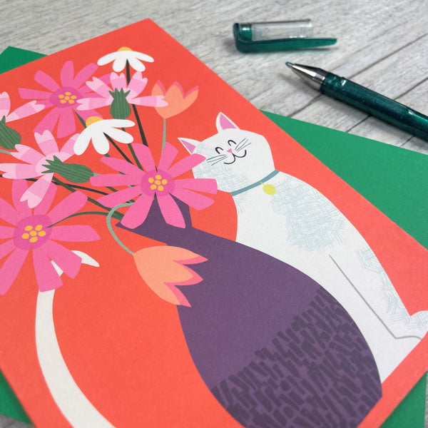 'Cat and Vase of Flowers' Greeting Card