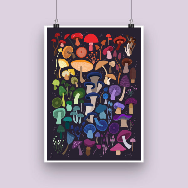 'Rainbow Mushrooms' Midnight Art Print