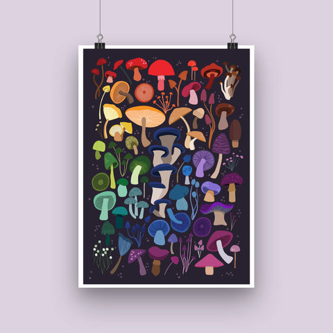 'Rainbow Mushrooms' Midnight Art Print